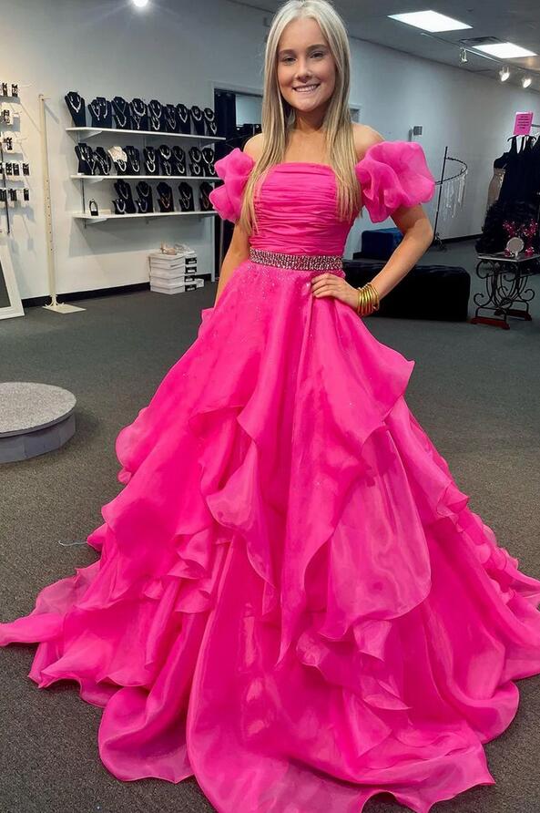 Strapless Long Prom Dress with Balloon Sleeves and Ruffle Skirt