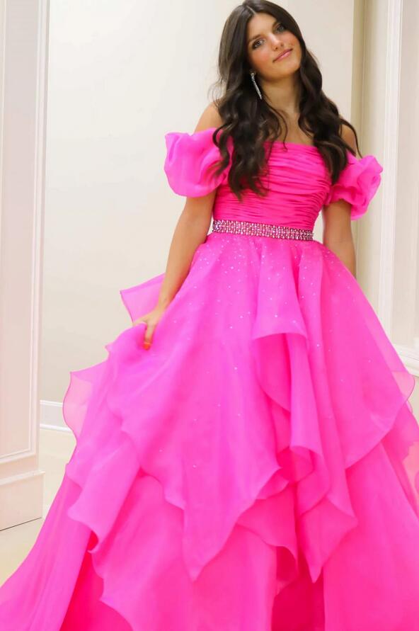 Strapless Long Prom Dress with Balloon Sleeves and Ruffle Skirt