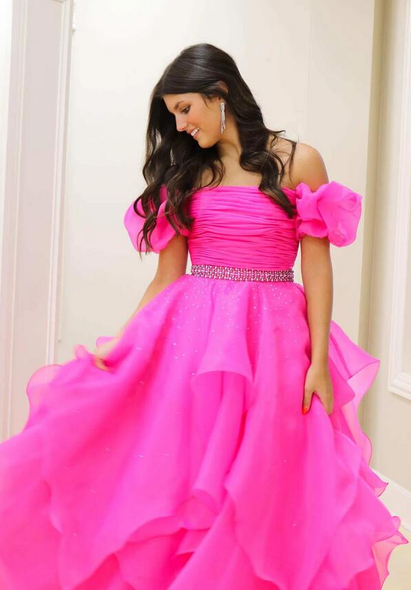 Strapless Long Prom Dress with Balloon Sleeves and Ruffle Skirt