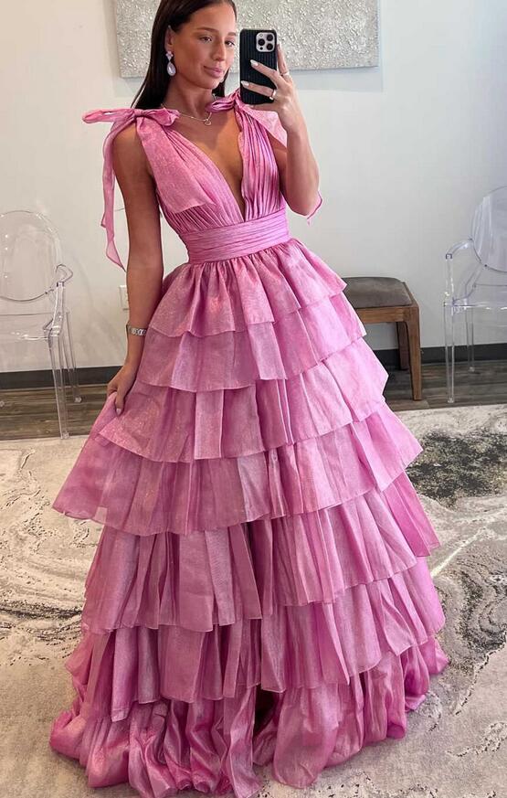 V-neck Open Back Ball Gown Long Prom Dress with Ruffle Skirt