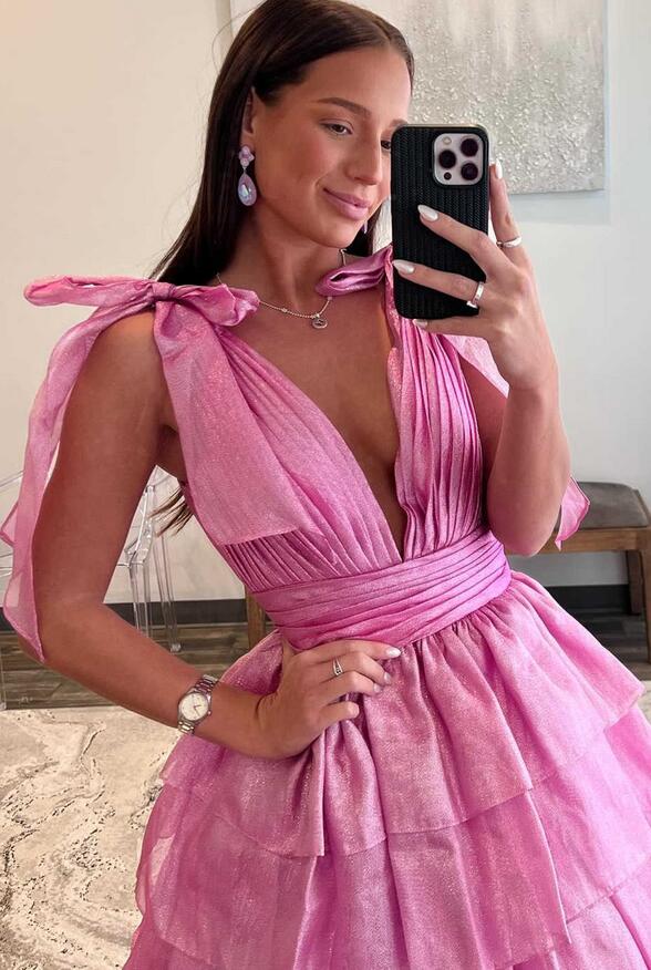 V-neck Open Back Ball Gown Long Prom Dress with Ruffle Skirt