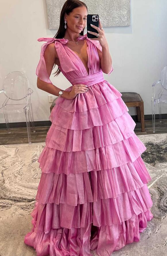 V-neck Open Back Ball Gown Long Prom Dress with Ruffle Skirt