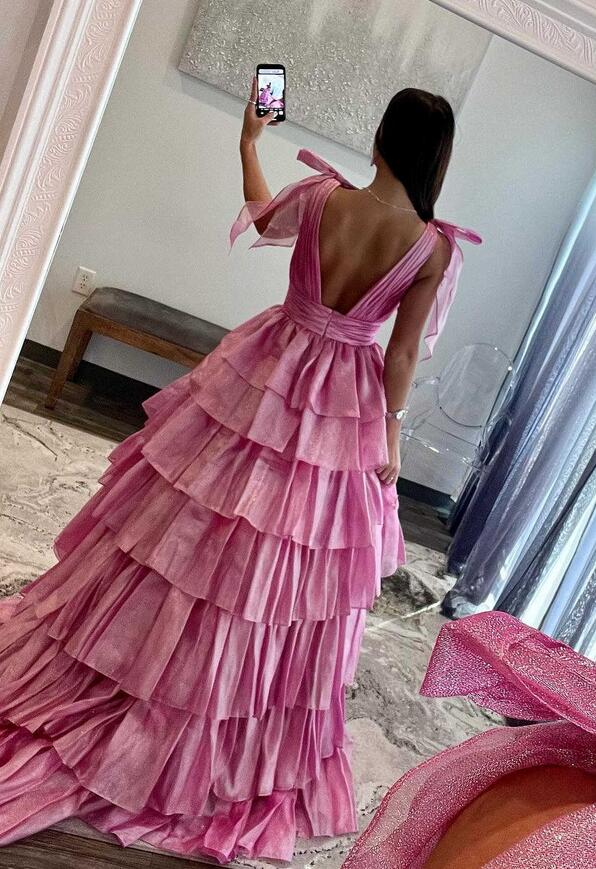V-neck Open Back Ball Gown Long Prom Dress with Ruffle Skirt