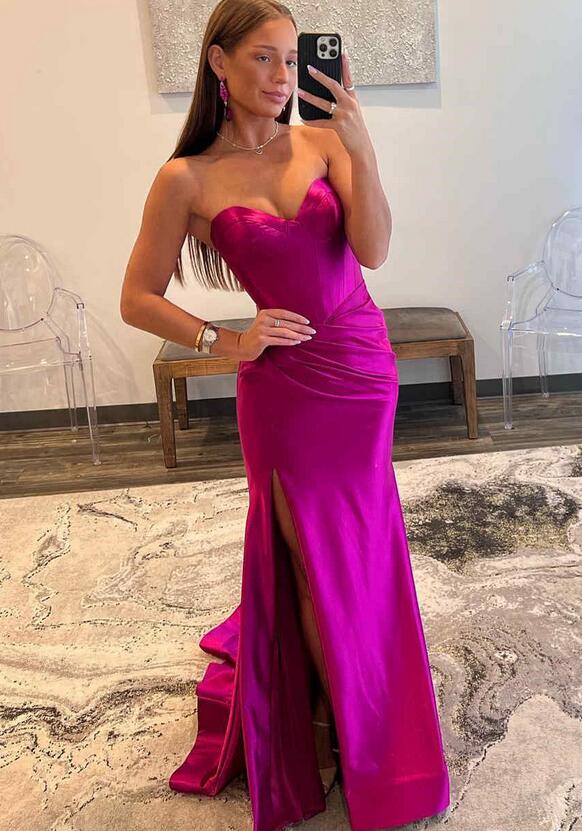 Strapless Mermaid Satin Long Prom Dress with Slit