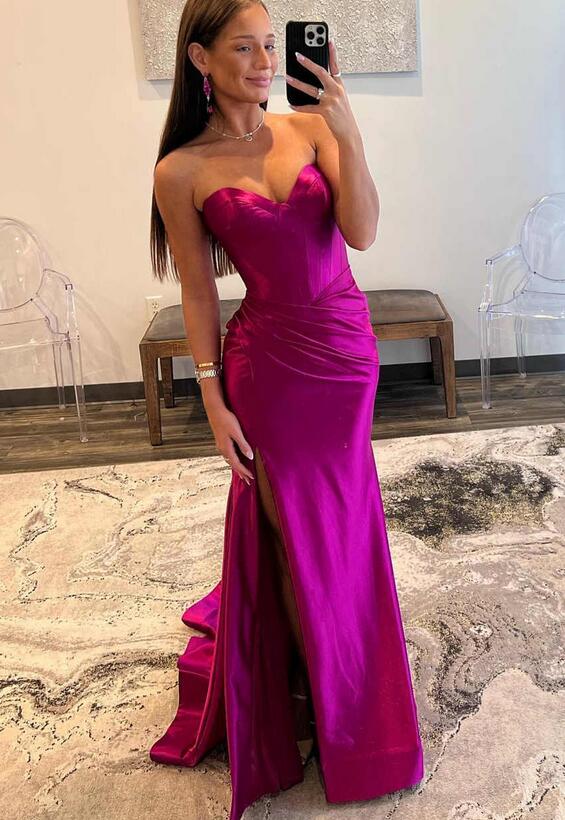 Strapless Mermaid Satin Long Prom Dress with Slit