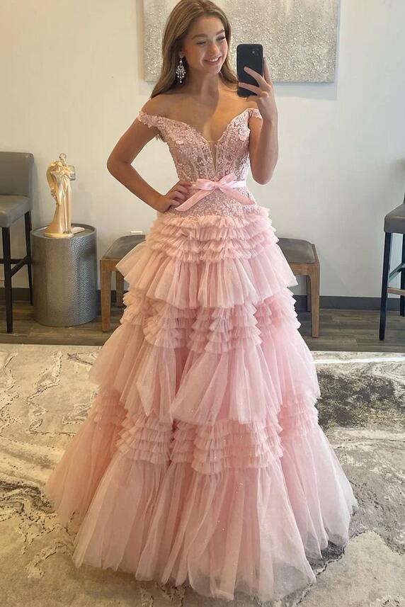 Off the Shoulder Ball Gown Prom Dress with Sheer Lace Corset Bodice and Ruffle Skirt