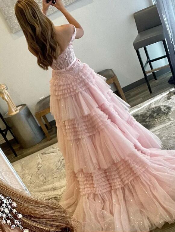 Off the Shoulder Ball Gown Prom Dress with Sheer Lace Corset Bodice and Ruffle Skirt