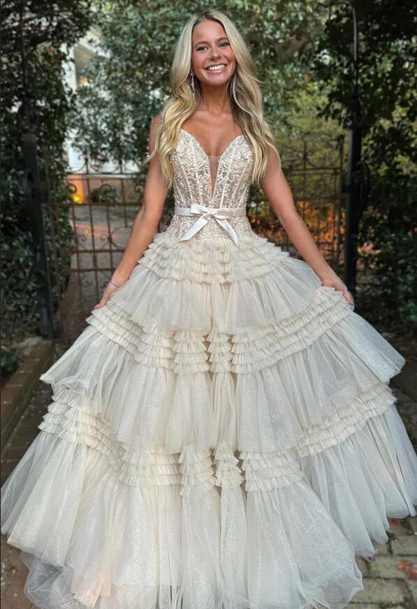 Off the Shoulder Ball Gown Prom Dress with Sheer Lace Corset Bodice and Ruffle Skirt
