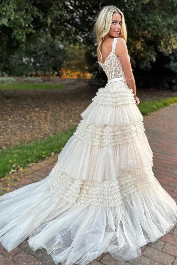 Off the Shoulder Ball Gown Prom Dress with Sheer Lace Corset Bodice and Ruffle Skirt