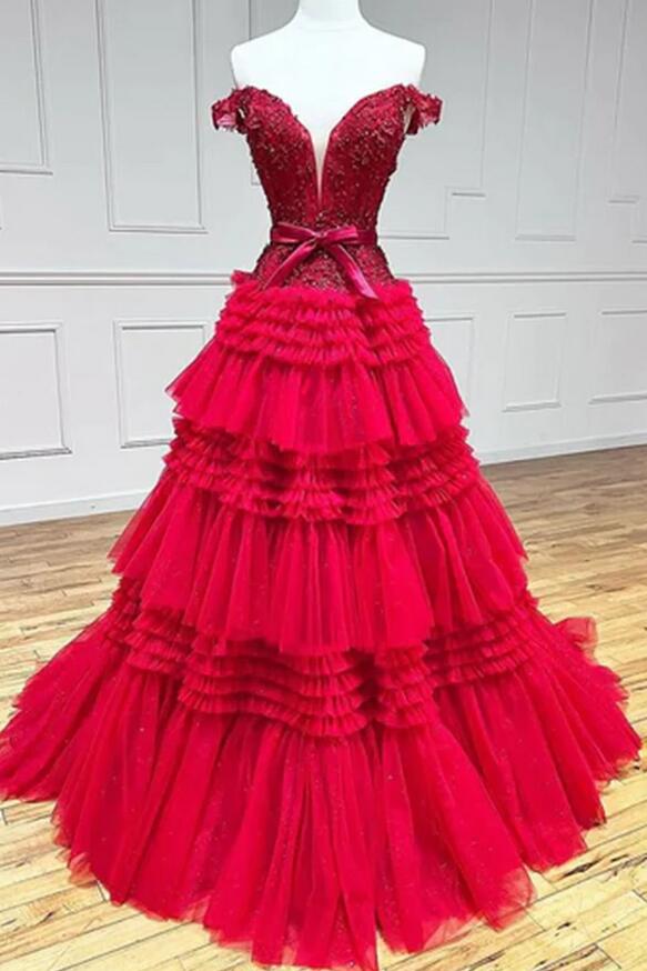 Off the Shoulder Ball Gown Prom Dress with Sheer Lace Corset Bodice and Ruffle Skirt