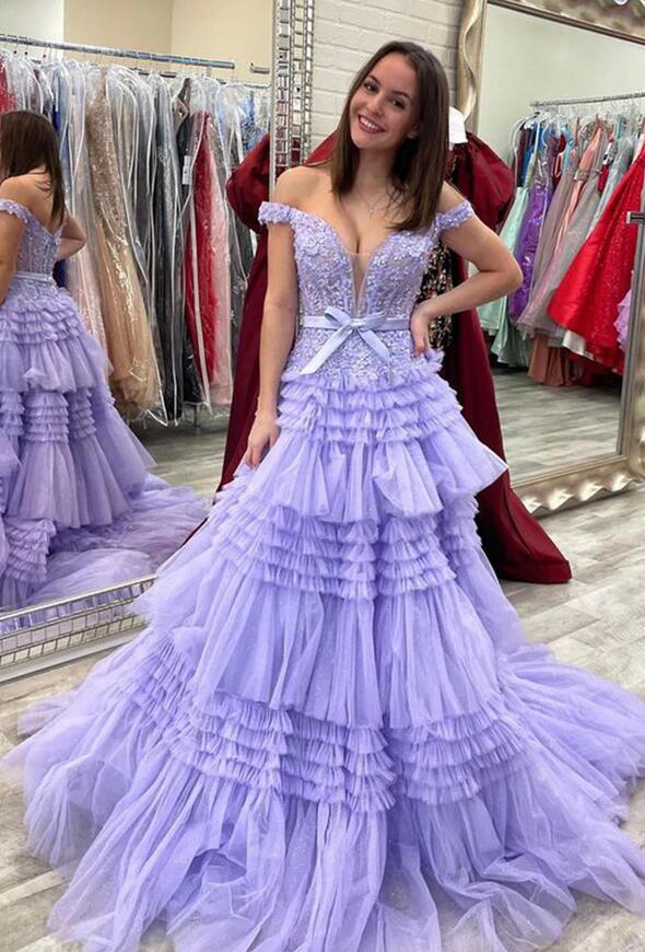 Off the Shoulder Ball Gown Prom Dress with Sheer Lace Corset Bodice and Ruffle Skirt