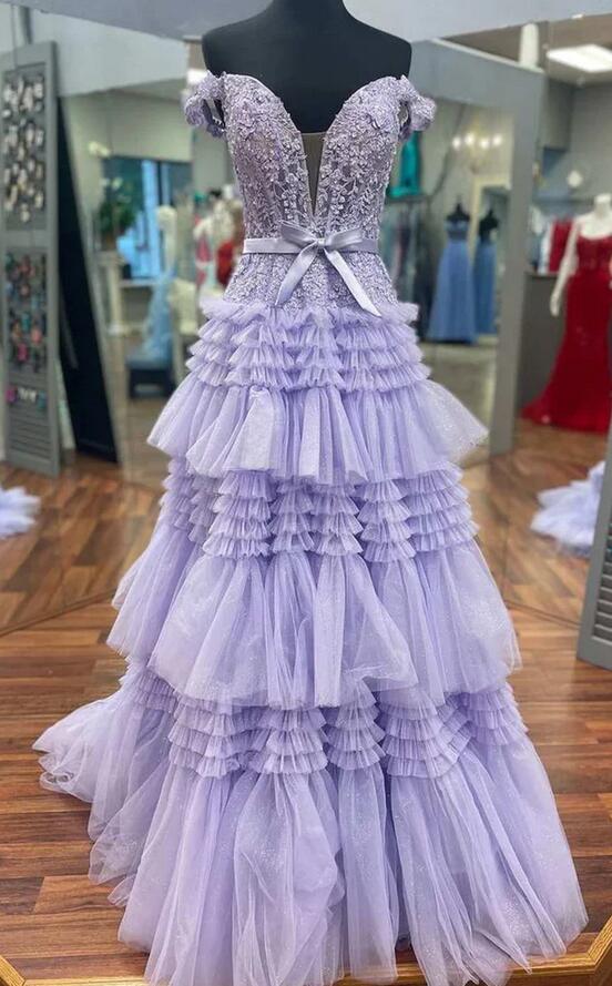 Off the Shoulder Ball Gown Prom Dress with Sheer Lace Corset Bodice and Ruffle Skirt