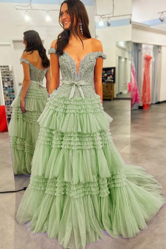 Off the Shoulder Ball Gown Prom Dress with Sheer Lace Corset Bodice and Ruffle Skirt