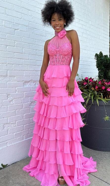 Leaf Lace High Neckline Long Prom Dress with Beaded Chocker and Ruffle Chiffon Skirt Slit