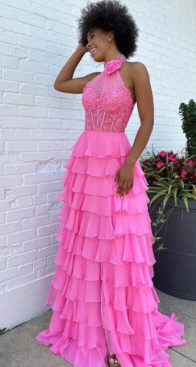 Leaf Lace High Neckline Long Prom Dress with Beaded Chocker and Ruffle Chiffon Skirt Slit