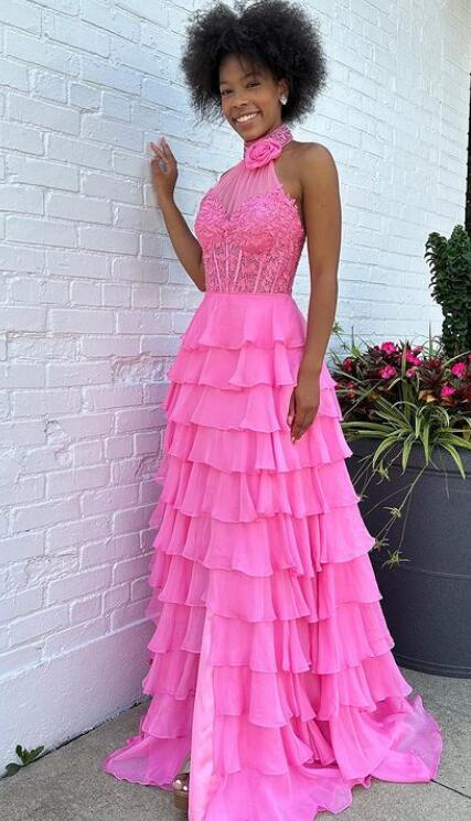 Leaf Lace High Neckline Long Prom Dress with Beaded Chocker and Ruffle Chiffon Skirt Slit