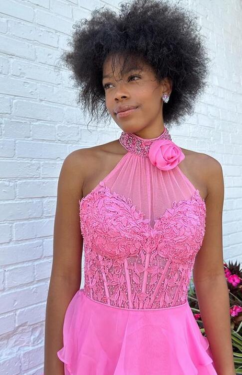 Leaf Lace High Neckline Long Prom Dress with Beaded Chocker and Ruffle Chiffon Skirt Slit