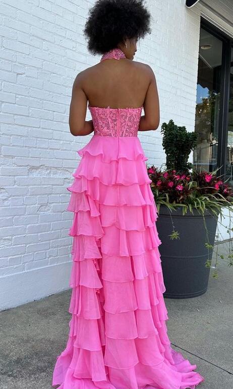 Leaf Lace High Neckline Long Prom Dress with Beaded Chocker and Ruffle Chiffon Skirt Slit