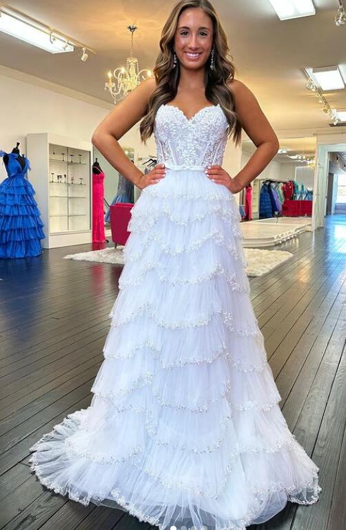 Lace Corset Beaded Long Prom Dress with Ruffle Tulle Skirt Slit.