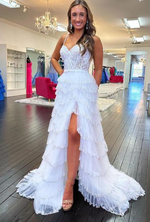 Lace Corset Beaded Long Prom Dress with Ruffle Tulle Skirt Slit.