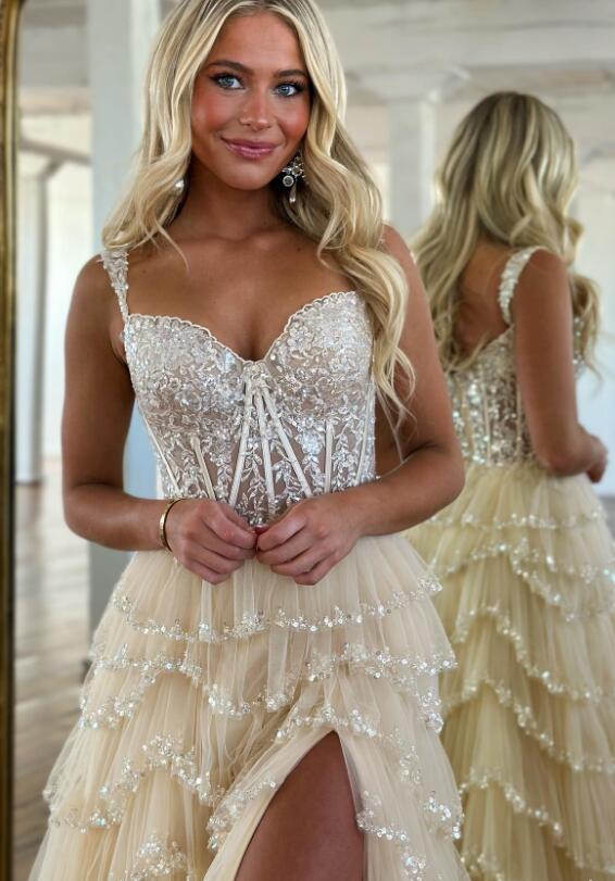 Lace Corset Beaded Long Prom Dress with Ruffle Tulle Skirt Slit