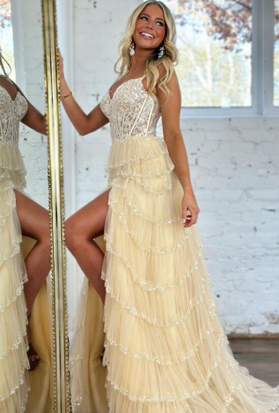 Lace Corset Beaded Long Prom Dress with Ruffle Tulle Skirt Slit.