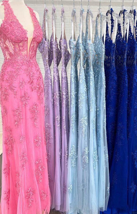 Halter Neck Leaf Lace Mermaid Long Prom Dresses