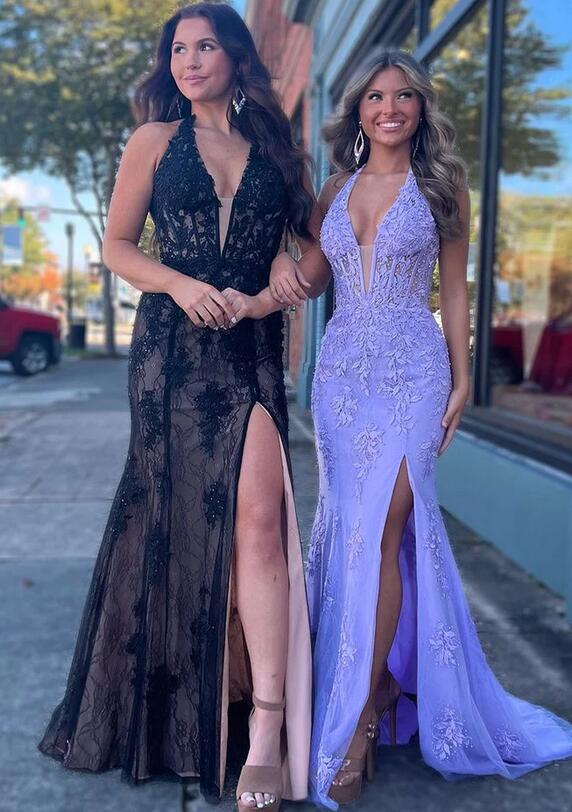 Halter Neck Leaf Lace Mermaid Long Prom Dresses