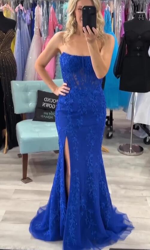 Strapless Leaf Lace Mermaid Long Prom Dresses
