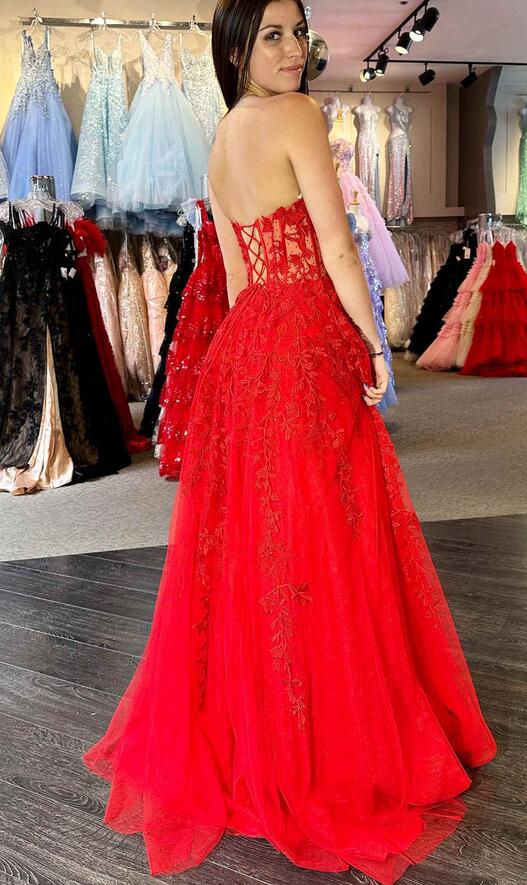 Strapless Leaf Lace Long Prom Dresses with Sheer Corset Bodice