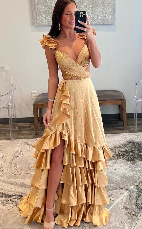 Satin Long Prom Dresses with Criss Cross Bodice and Ruffled Straps