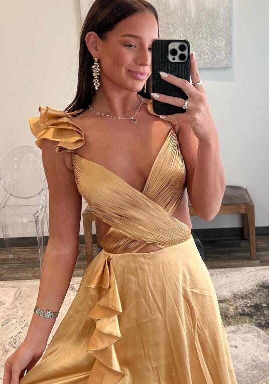 Satin Long Prom Dresses with Criss Cross Bodice and Ruffled Straps