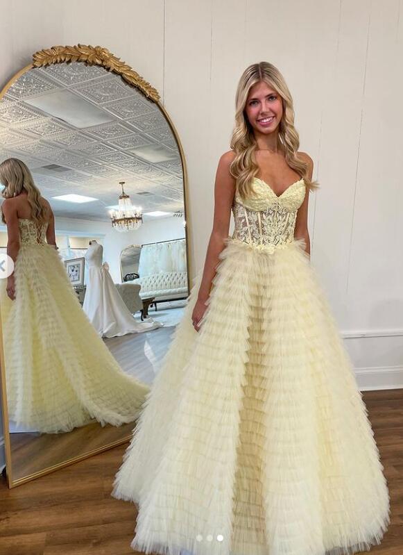 Strapless Ball Gown Prom Dress with Sheer Lace Corset Bodice and Ruffle Skirt