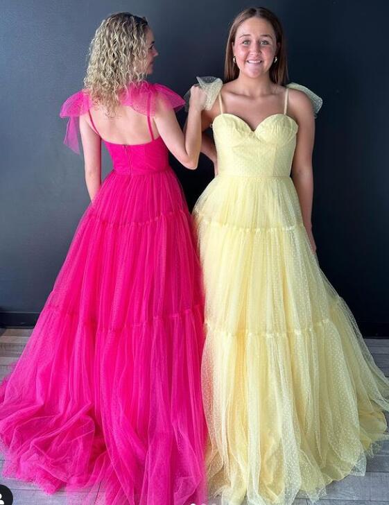 Dot Ballgown Long Prom Dresses with Bow Ties on Straps