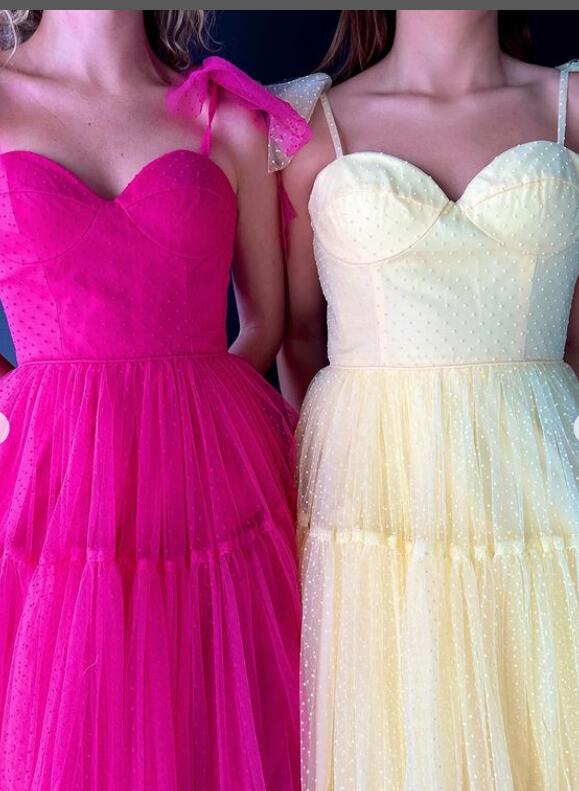 Dot Ballgown Long Prom Dresses with Bow Ties on Straps
