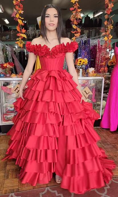 Taffeta Ruffle Off the Shoulder Ball Gown Long Prom Dress