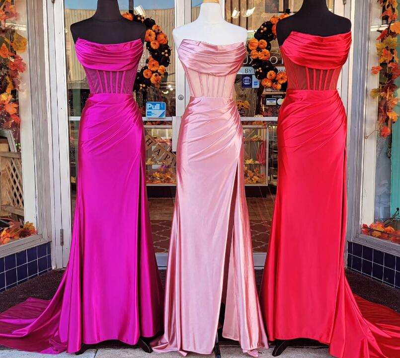 Strapless Long Prom Dress with Sheer Corset Bodice and Slit