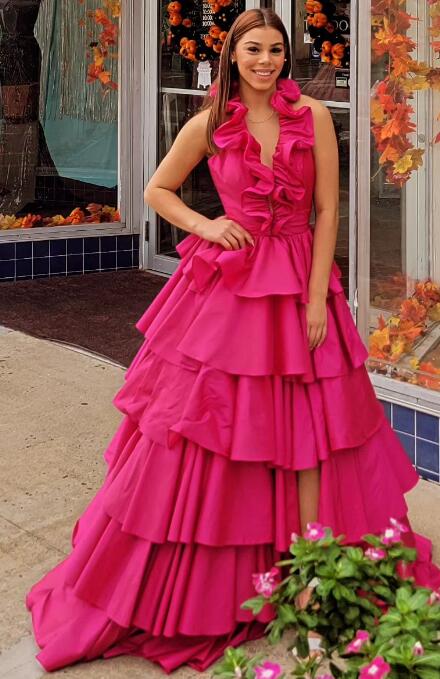 Halter Neck Ball Gown Long Prom Dresses with Ruffle Skirt