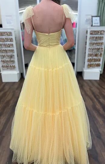 Dot Ballgown Long Prom Dresses with Bow Ties on Straps