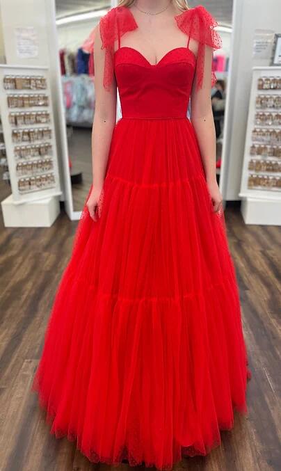 Dot Ballgown Long Prom Dresses with Bow Ties on Straps