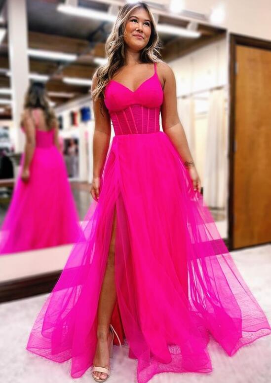 Straps A-line Long Prom Dress with Slit