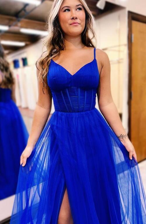 Straps A-line Long Prom Dress with Slit