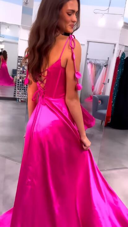 Straps Satin Long Prom Dresses with Slit
