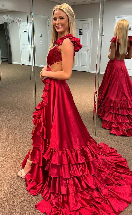 Satin Long Prom Dresses with Criss Cross Bodice and Ruffled Straps