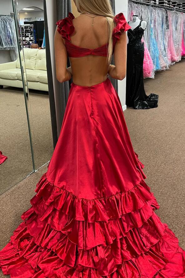 Satin Long Prom Dresses with Criss Cross Bodice and Ruffled Straps