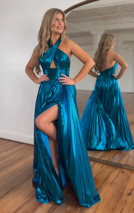 Halter Long Prom Dress with Pleated Skirt and High Skirt Slit