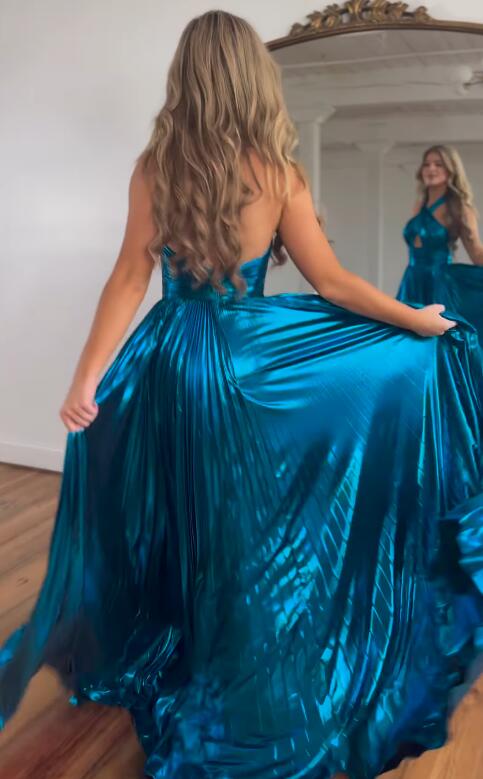 Halter Long Prom Dress with Pleated Skirt and High Skirt Slit