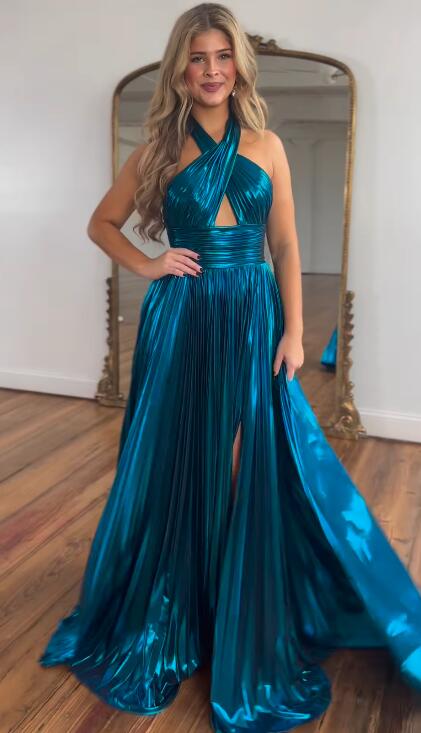 Halter Long Prom Dress with Pleated Skirt and High Skirt Slit