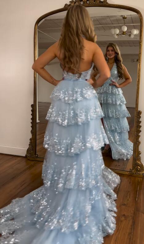 Halter Tulle Sequin Long Prom Dress with Deep V neckline and Ruffle High Slit Skirt