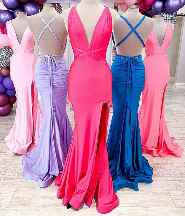V-neck Satin Long Prom Dresses with Slit